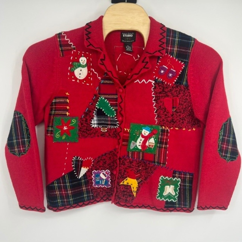 Studio Joy Women's Red‎ Patchwork Embroidery Christmas Sweater Size P/L
